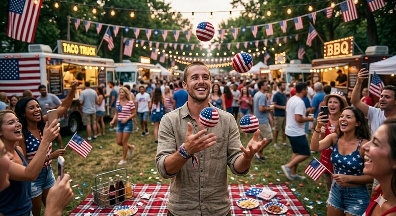 May include: A festive outdoor gathering with food trucks, American flags, and people celebrating. A man juggles red, white, and blue balls. The scene is filled with people, lights, and a general sense of celebration.