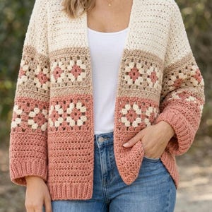 Modello PDF per cardigan all'uncinetto "Grandma Square" / Maglione patchwork boho / Adatto ai principianti / Tutte le taglie dalla XS alla 3XL / Download immediato