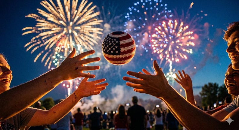 May include: A festive scene with a crocheted ball featuring the American flag design, suspended in mid-air. Fireworks burst in the background, and people reach for the ball. The night sky is dark blue, and the overall mood is celebratory.