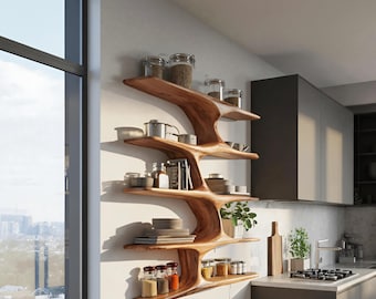Estantería de pared artesanal con borde natural para cocina