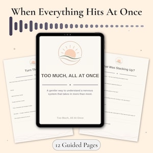 May include: A digital tablet displaying the title "TOO MUCH, ALL AT ONCE" with a sun and wave icon, flanked by two printed worksheets titled "Turn The" and "What Was Stacking Up?" featuring 12 guided pages for nervous system regulation.
