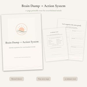 Può includere: Un set di fogli di lavoro stampabili con il titolo "Brain Dump → Action System" e il sottotitolo "Gentle systems for overloaded minds." Il design include un logo sole e onde. Il testo "10-minute reset" è anche visibile.