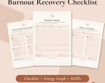 Burnout Recovery Checklist | Printable Energy Tracker Graph With Drains And Refills List | Self Care Planner | A4 And US Letter