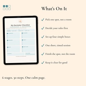 The six stages of the Declutter Checklist: pick one spot, decide your rules first, set up four boxes, one timed session, finish the spot, keep it clear.