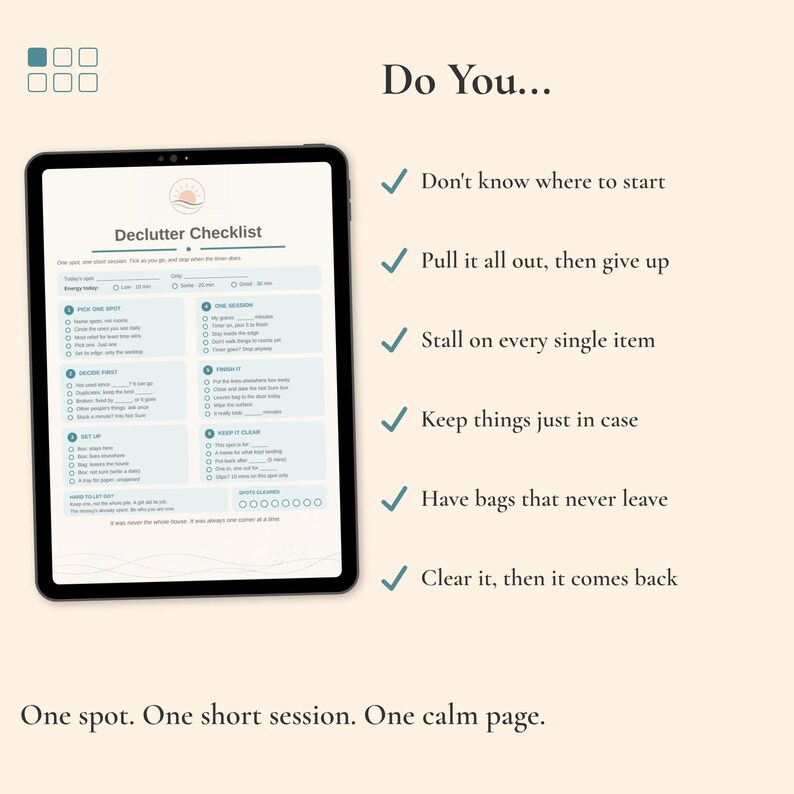 Do you not know where to start, stall on every item, or keep things just in case? The pre-filled Declutter Checklist on a tablet.