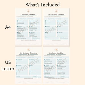 What's included with the Declutter Checklist: pre-filled and blank checklists in A4 and US Letter sizes.