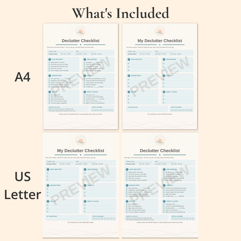 What's included with the Declutter Checklist: pre-filled and blank checklists in A4 and US Letter sizes.