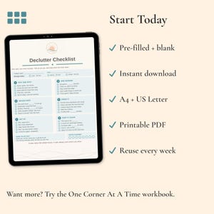 Start today with the printable Declutter Checklist. It comes pre-filled and blank, as an instant download in A4 and US Letter, and you can reuse it for every spot.