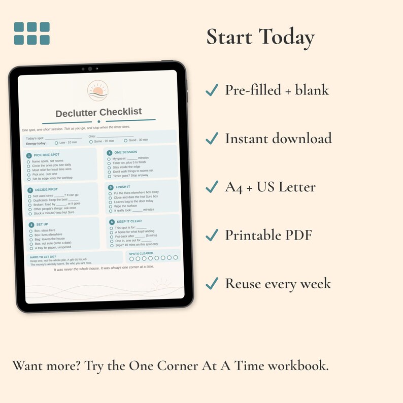 Start today with the printable Declutter Checklist. It comes pre-filled and blank, as an instant download in A4 and US Letter, and you can reuse it for every spot.