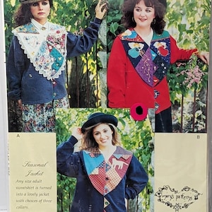May include: A sewing pattern envelope titled Seasonal Jacket by Mary's Patterns, featuring three variations of a sweatshirt-based jacket with decorative collars, including patchwork, floral, and angel-themed designs, labeled A, B, and C.