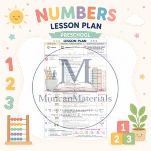 Puede incluir: Un plan de lección de números para preescolar con un diseño de cuadrícula que incluye secciones para duración, objetivos, enfoque lingüístico y materiales. La página presenta ilustraciones coloridas de un sol, números del uno al tres, un ábaco y una planta.