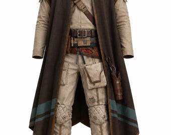 May include: A dark brown sleeveless coat with a high collar and teal stripes, worn over a beige long-sleeve shirt and matching trousers. The outfit includes a brown utility belt with pouches, a diagonal shoulder strap, and knee-length leg wraps.