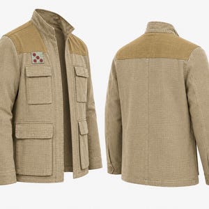 May include: A tan jacket with a light brown shoulder and collar detail. The jacket has four front pockets, a small patch with a red and white design, and a button closure. The back of the jacket is also visible.