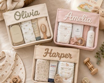 Bolsa personalizada para artículos esenciales de bebé, organizador de pañales con nombre personalizado, neceser transparente para viajes de bebé, regalo para baby shower.