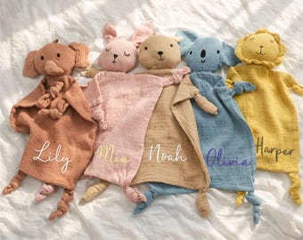 Personalised bunny muslin baby comforter, Embroidered security blannket, New baby gift, Baby shower and christening keepsake, Easter baby