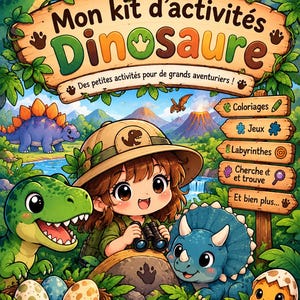 May include: A dinosaur activity kit cover featuring a cartoon explorer with binoculars, surrounded by colorful dinosaurs, a volcano, and a wooden sign listing activities like coloring, games, mazes, and search and find, with the text Mon kit d'activités Dinosaure.