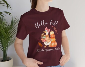 Camiseta "Olá Outono" para Professora de Jardim de Infância, Camiseta fofa de outono para professora de jardim de infância, Camiseta de agradecimento de outono para professora de jardim de infância