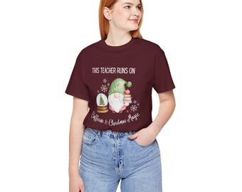 This Teacher Runs on Caffeine and Christmas Magic Shirt, Funny Christmas Teacher Gift, Holiday Teacher Tee