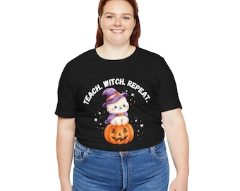 Camiseta "Ensine a Bruxa, Repita" para Professores no Halloween, Presente Divertido e Assustador para Professores, Camiseta de Outono para Professores, Camiseta de Apreciação aos Professores no Halloween