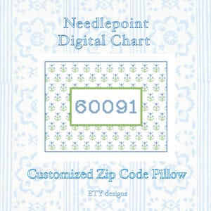 Peut inclure: Diagramme numérique de point de croix pour un coussin personnalisé avec code postal. Le motif présente un rectangle blanc avec le code postal "60091" en bleu, encadré d'une bordure verte, sur un fond floral bleu et blanc.