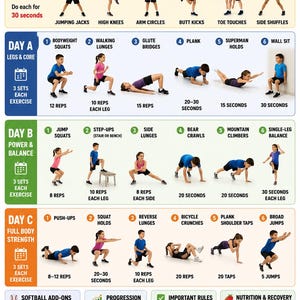 May include: An instructional poster titled At-Home Strength Workout for Kids, featuring illustrations of children performing various exercises. It includes warm-up routines, three distinct workout days, softball add-ons, progression tips, rules, and nutrition advice.