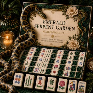 May include: A Mahjong set titled Emerald Serpent Garden featuring a box with a snake figure, floral accents, and 160 tiles. The tiles display various Chinese characters, floral patterns, and bird illustrations in green, red, blue, and white colors.