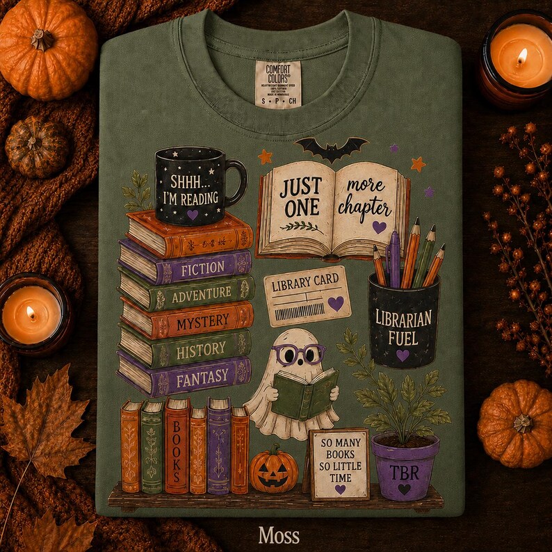 May include: A moss green t-shirt featuring a graphic print of stacked books labeled Fiction, Adventure, Mystery, History, and Fantasy. It includes a ghost reading a book, a mug labeled SHHH... I'M READING, and a pot labeled LIBRARIAN FUEL.