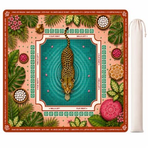 May include: A square Mahjong game mat featuring a central teal swimming pool illustration with a leopard swimming in the middle. The border includes tropical leaves, small bowls of game pieces, and text instructions like Play Right and Walls Left.