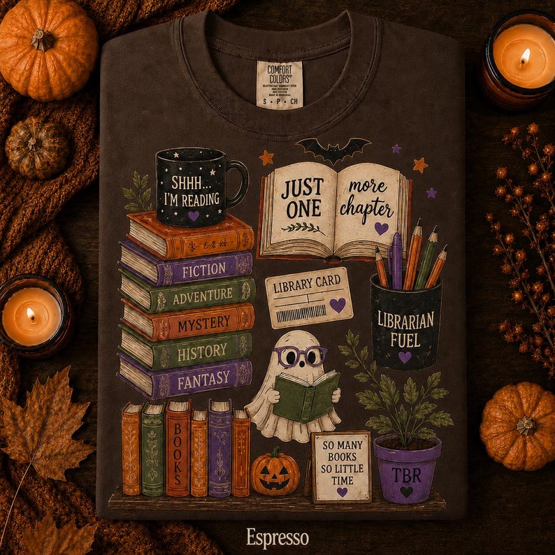 May include: An espresso-colored t-shirt featuring a graphic print of a stack of books labeled Fiction, Adventure, Mystery, History, and Fantasy. It includes a mug reading SHHH... I'M READING, an open book with JUST ONE more chapter, a ghost reading, and a pot labeled LIBRARIAN FUEL.