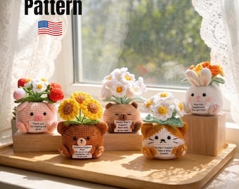 Paquete de patrones de plantas de amigurumi a crochet / Macetas con forma de oso, conejo, gato y cerdo (descarga en PDF)
