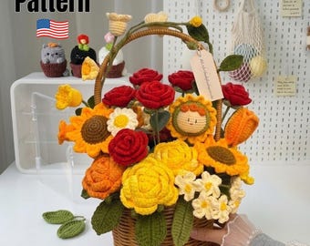 Patrón de ramo de flores a crochet, rosas, girasoles, arreglo en cesta (PDF), regalo fácil a crochet (descarga digital)
