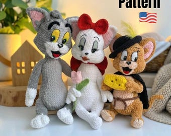 Patrón de amigurumi 3 en 1 en PDF: juguetes de peluche de gato y ratón, adorable conjunto de animales de peluche, regalo fácil de hacer tú mismo