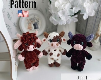 Paquete de patrones de ganchillo 3 en 1 para vacas: peluche de animales de granja amigurumi, patrón de ganchillo de toro y vaca (PDF)