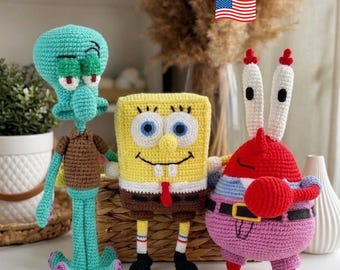 Paquete de patrones de crochet de dibujos animados en PDF: esponja cuadrada, estrella de mar y pulpo amigurumi, lindo conjunto de juguetes de peluche, regalo de animal de peluche hecho a mano