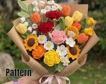 Patrón de ramo de ganchillo en PDF, tutorial de arreglos florales hechos a mano, flores de ganchillo para principiantes, descarga instantánea.