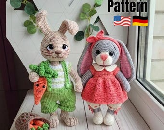 Patrón de ganchillo 2 en 1 de conejito en PDF – Conjunto de conejo de Pascua amigurumi (niño y niña) con ropa, lindo juguete de peluche, regalo hecho a mano