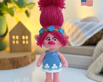 Patrón de ganchillo en PDF de muñeco Trolls de dibujos animados – Lindo juguete de peluche amigurumi, muñeco de pelo colorido, animal de peluche para hacer tú mismo, ideal para principiantes.