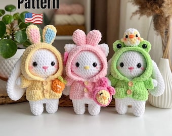 Patrón de ganchillo 3 en 1 en PDF: Paquete de amigurumis de conejito, gatito y mono con capucha (descarga digital)
