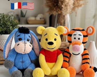 Patrón de crochet 3 en 1 de oso, tigre y burro en PDF, set de juguetes de peluche amigurumi, lindos animales de peluche, regalo hecho a mano, descarga instantánea