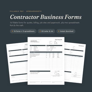 Op de afbeelding: Een set van 16 invulbare PDF-bedrijfsformulieren voor aannemers en twee spreadsheets voor offertes, facturering en werklocaties. De documenten hebben een strakke, professionele lay-out met zwarte tekst op wit papier.