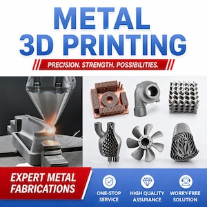 May include: A graphic display featuring the text METAL 3D PRINTING and PRECISION. STRENGTH. POSSIBILITIES. It shows a metal 3D printing process in action alongside various complex metallic components, including a fan, lattice structures, and parts.