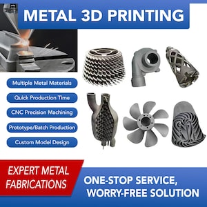 Könnte beinhalten: Werbebild für Metall-3D-Druckdienstleistungen. Es zeigt verschiedene Metallkomponenten, darunter eine Turbine und ein Lüfter, sowie Text, der mehrere Metallmaterialien, schnelle Produktionszeit und CNC-Bearbeitung hervorhebt. Der Text sagt auch "EXPERT METAL FABRICATIONS".