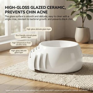 May include: A white ceramic pet bowl with a high-gloss glazed finish. The image includes text labels describing the high-gloss delicate glaze layer, eco-friendly coloured glaze pattern layer, and high-temperature fired ceramic body construction.