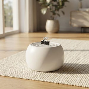 May include: A round, matte white pet water fountain with a smooth, bowl-like basin. A small, black, stylised cat-shaped attachment sits at the centre, where a clear stream of water flows upwards and ripples across the surface of the basin.