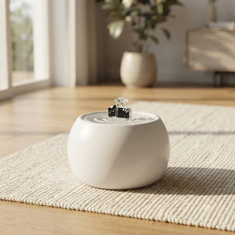 May include: A round, matte white pet water fountain with a smooth, bowl-like basin. A small, black, stylised cat-shaped attachment sits at the centre, where a clear stream of water flows upwards and ripples across the surface of the basin.