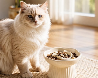 Ceramic Elevated Cat Bowl, Whisker Friendly Raised Feeder, Floral Pet Dining Dish