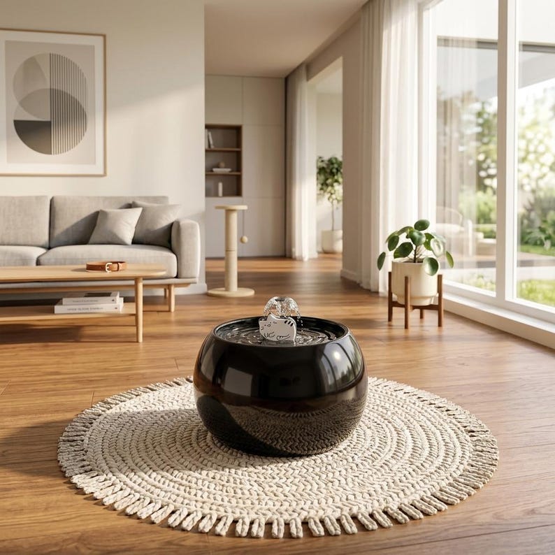 May include: A round, black ceramic pet water fountain with a glossy finish and a small white cat-shaped figurine at the centre. The fountain features a gentle water spout bubbling from the top, designed for continuous water circulation.