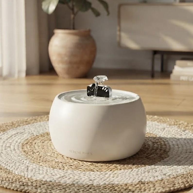 May include: A round, off-white ceramic pet water fountain with a smooth, matte finish. The top features a clear, faceted crystal-like spout that releases a gentle stream of water into the basin. The text SERENE PAWS is embossed on the front.