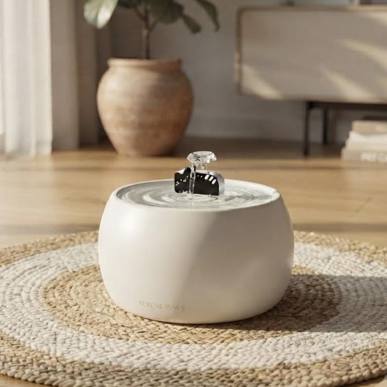 May include: A round, off-white pet water fountain with a smooth, matte finish. The top features a clear, diamond-shaped attachment and a small black cat-shaped accent. The text SERENE PAWS is printed in small, subtle letters on the front side.