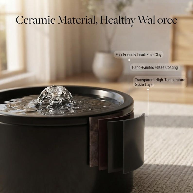K&ouml;nnte beinhalten: Ein schwarzer Keramik-Trinkbrunnen f&uuml;r Haustiere mit zentralem Wassersprudler. Der Text lautet: Ceramic Material, Healthy Wal orce, Eco-Friendly Lead-Free Clay, Hand-Painted Glaze Coating und Transparent High-Temperature Glaze Layer, was den Schichtaufbau zeigt.